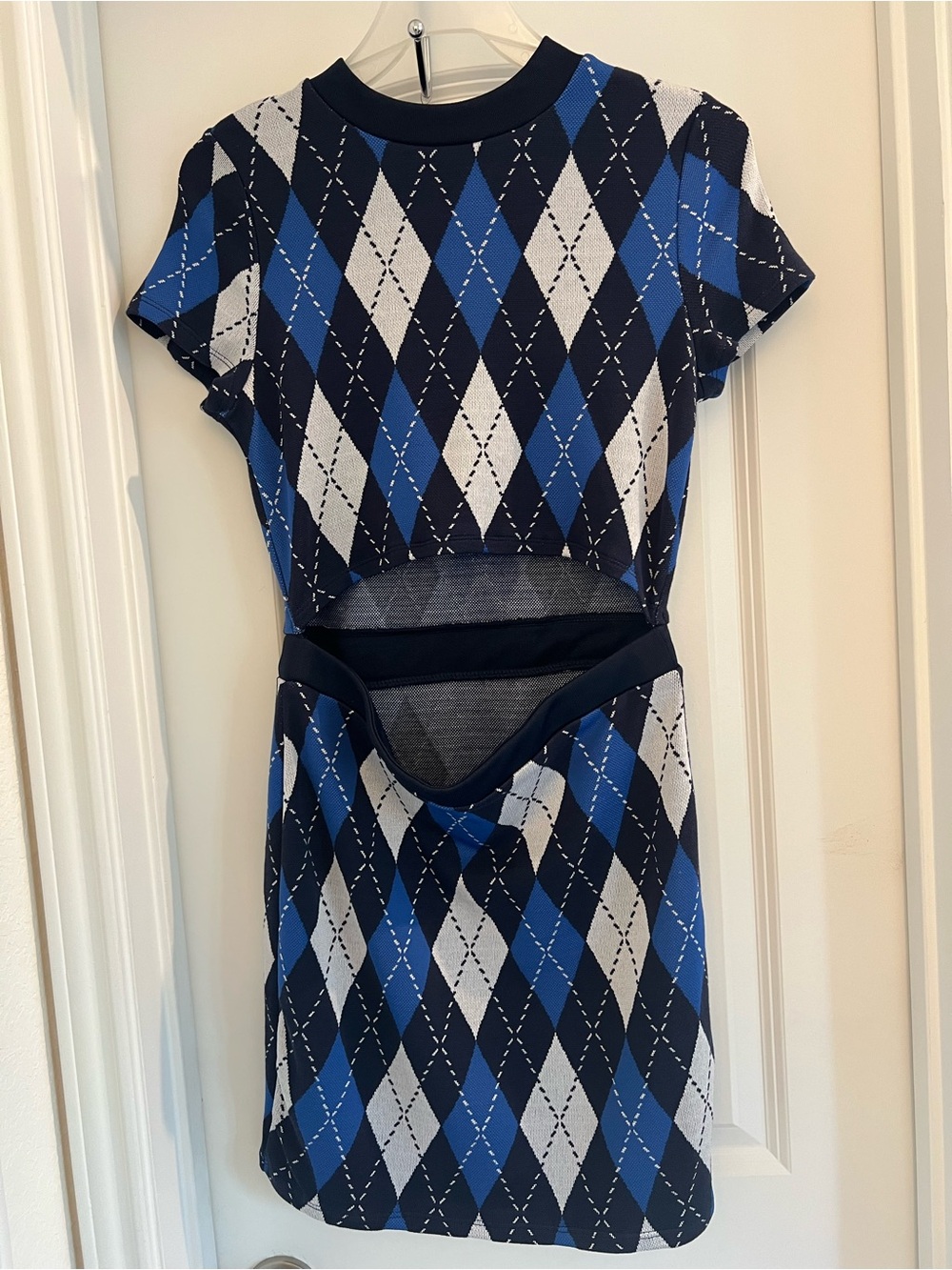 H&M Divided Women’s M Blue Argyle Knit Dress Navy Waistband Front Cutout